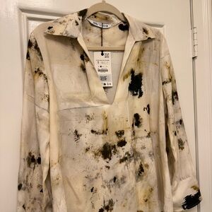 NWT Zara Artistic Black and Cream Blouse